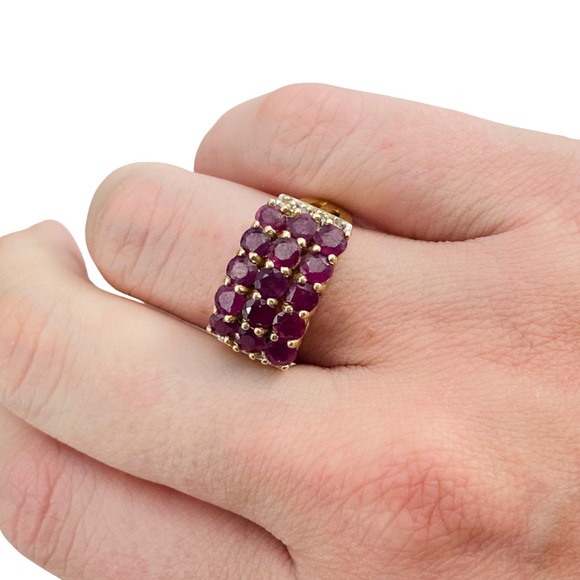 14k Solid Yellow Gold Estate Genuine Ruby Diamond Cocktail Pave Ring - Picture 7 of 9